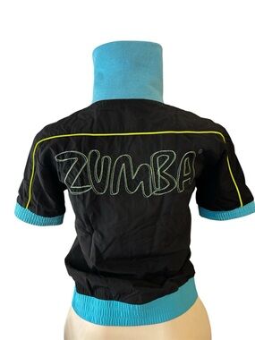 Zumba Fitness Women's L Short Sleeve Nylon Track Jacket Windbreaker Black Teal